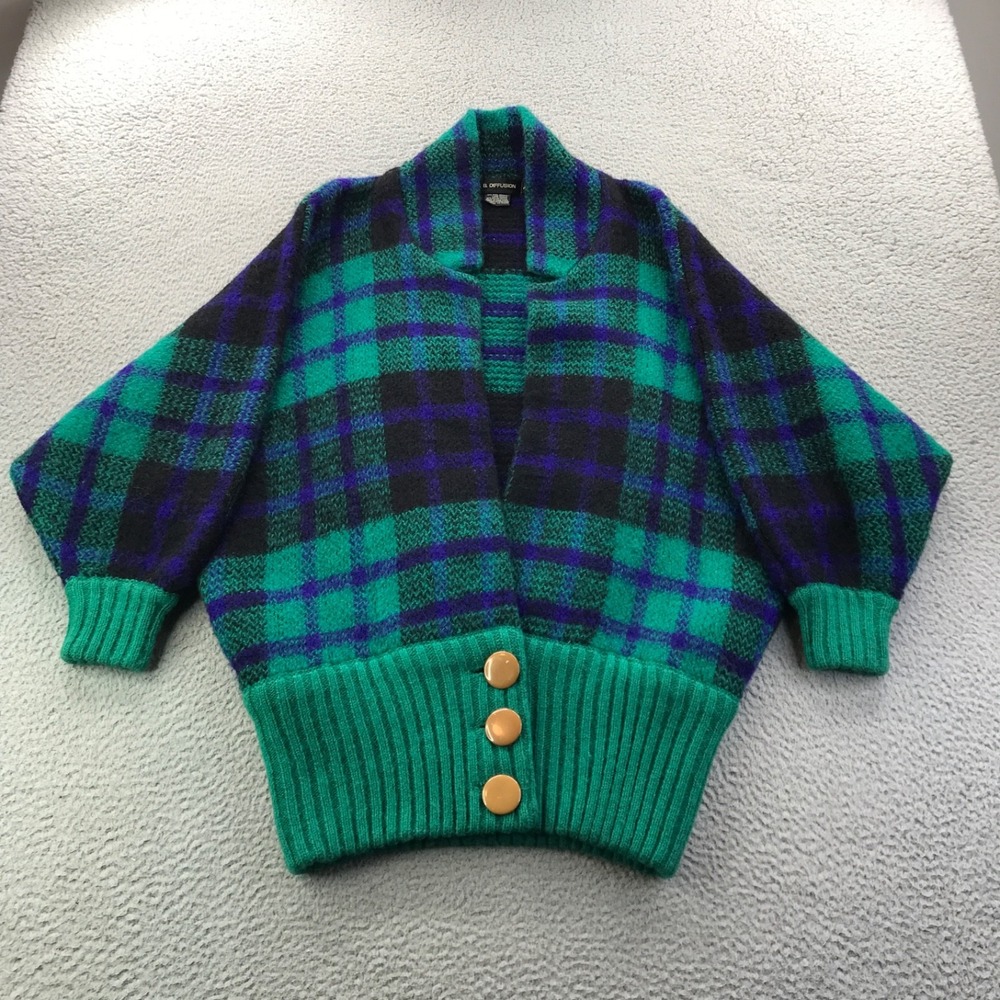 VTG IB Diffusion Sweater Womens Small Green Purple Plaid Mohair Blend 80s Boxy